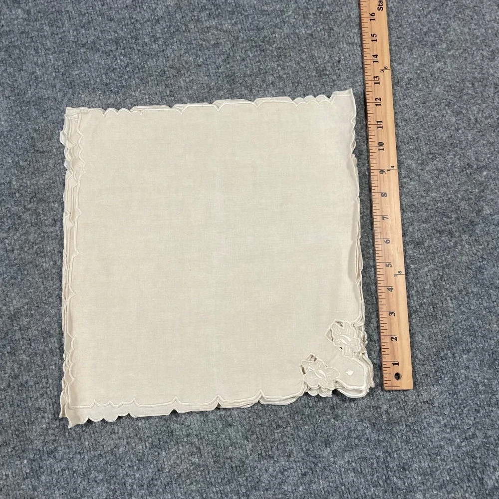 Vintage Linen Cocktail Napkins Set of 7 Beige Floral Cutwork Scalloped Edge